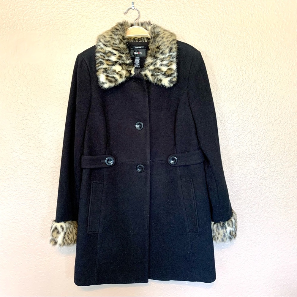 Style&Co Black and Faux Fur Leopard Winter Coat, M
